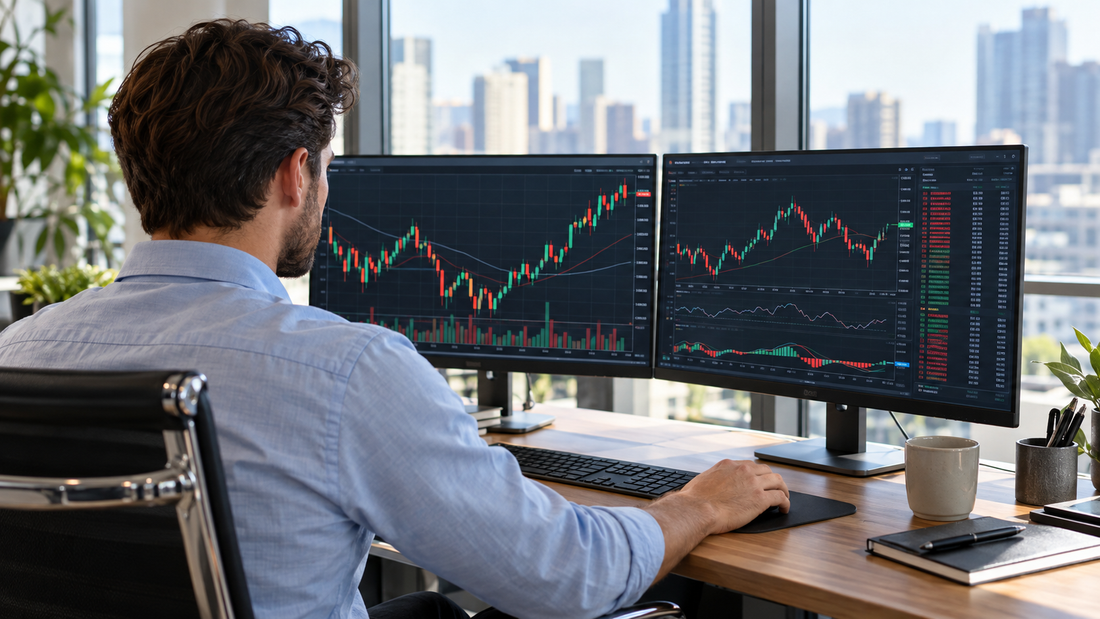 Trader davanti a due monitor con grafici finanziari in un ufficio