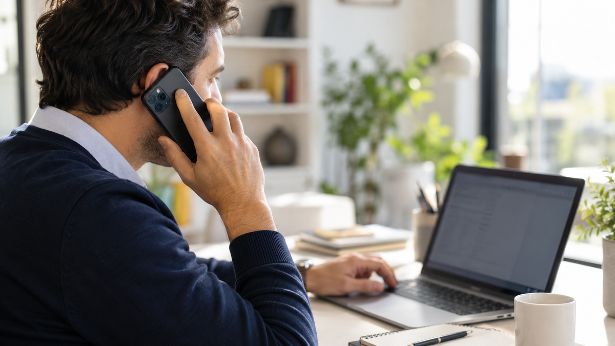 Persona al telefono davanti a un laptop per contattare l’assistenza bancaria