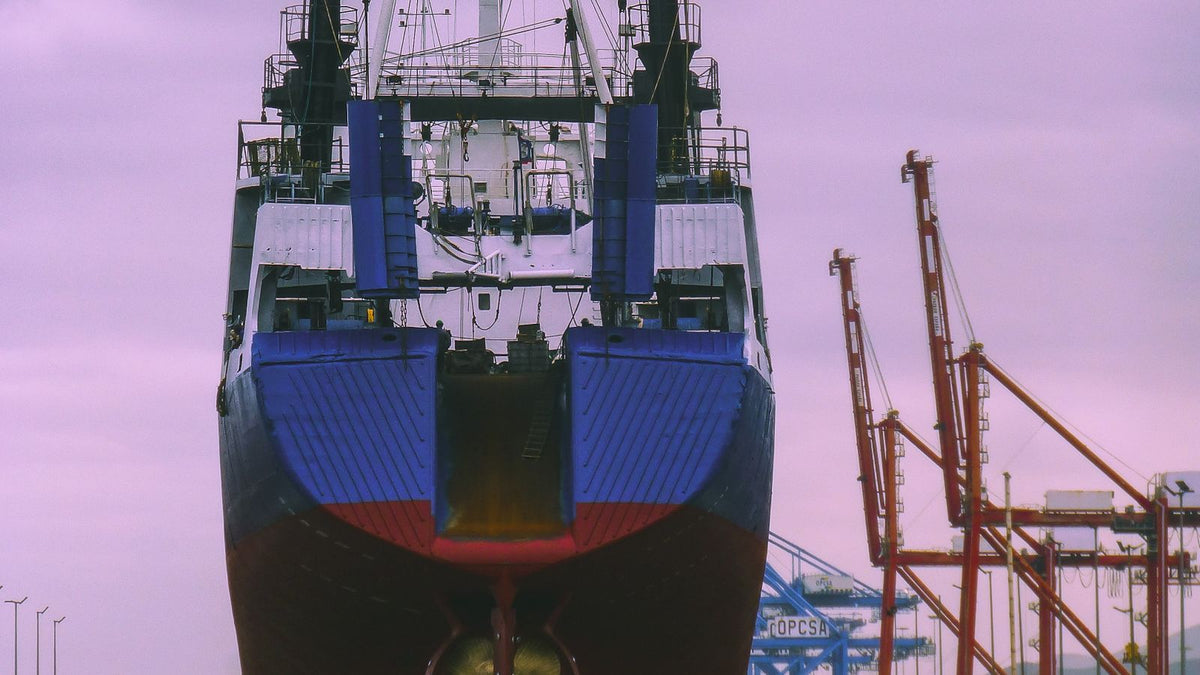 Nave mercantile e gru in cantiere navale, industria delle costruzioni navali