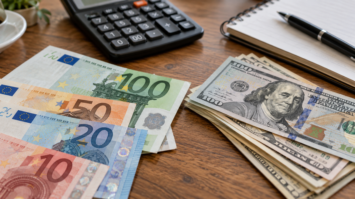 Banconote in euro e dollari accanto a una calcolatrice per la conversione valutaria