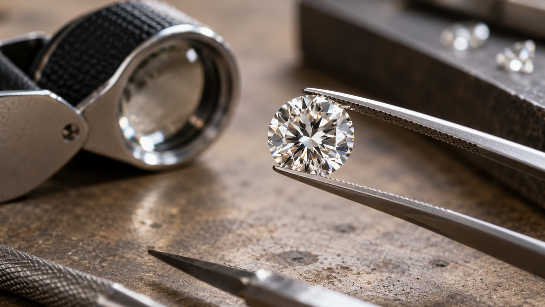 Diamante sciolto esaminato con pinzette e lente su un banco da gioielliere