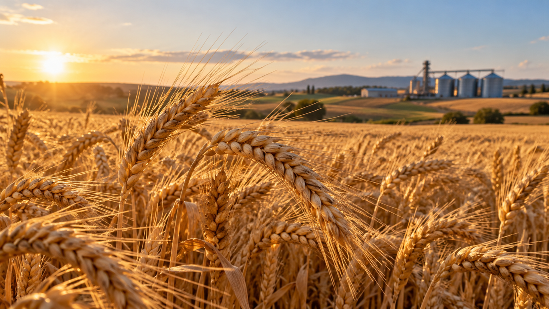 Spighe mature di grano duro in un campo italiano con silos sullo sfondo