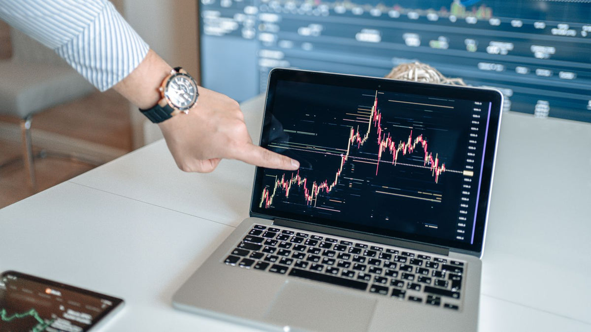 Mano che indica grafici su un laptop finanziario